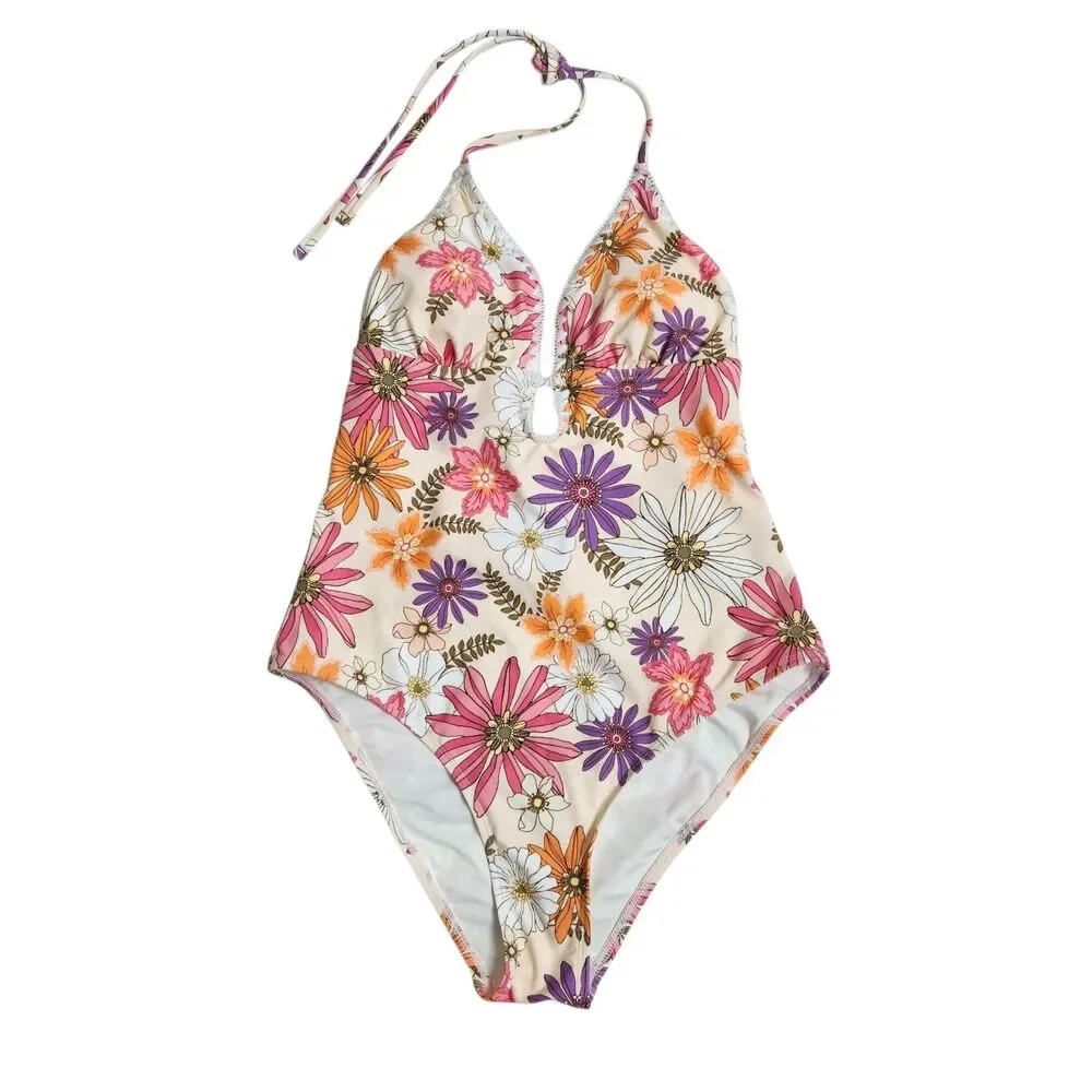 Cupshe Dahlia Daisy Halter One Piece Swimsuit Plunging Neckline M Retro Floral